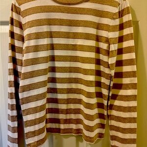 Tan striped tee shirt with gold thread detail throughout